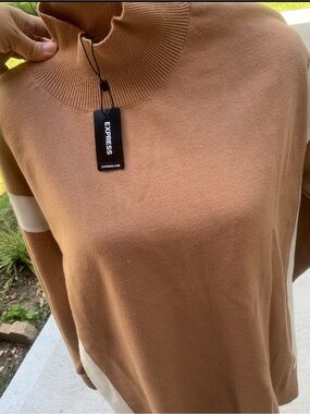Express Camel/Tan Mock Neck Sweater with Cream Stripe